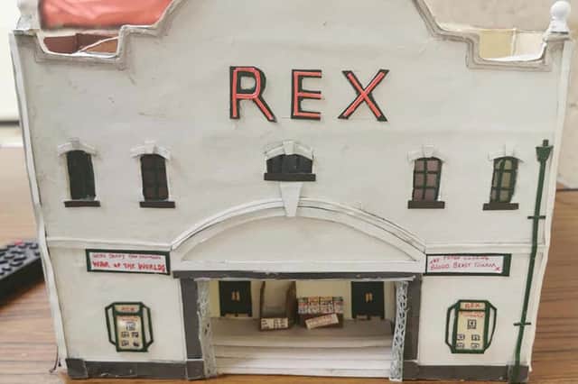 A cardboard model of the Rex cinema in Fratton Road, Portsmouth, made by David Barber.