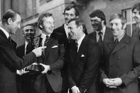 The Duke of Edinburgh presents Hampshire with their Championship trophy in 1973. Pic: Dave Allen collection.