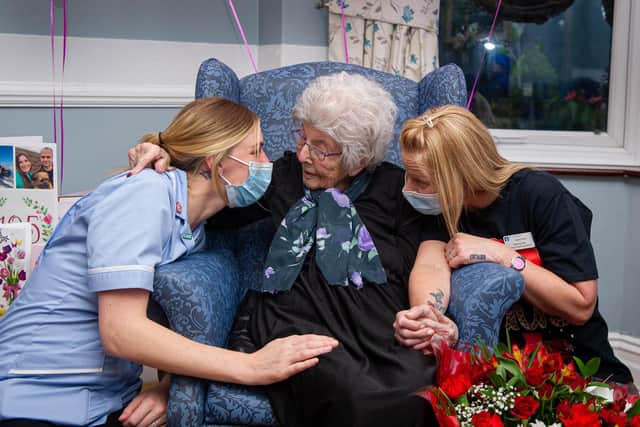 Peggy Florence Dineen with her carers, Kayleigh Smith and Sam Hill.
Picture: Habibur Rahman