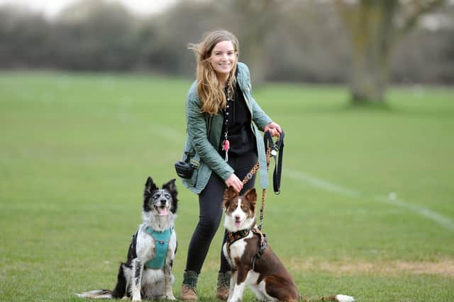 Harriet Charter (27) from Southsea, owner of Laharfi, with her dogs (left) Larlei and Fig.
Picture: Sarah Standing (110221-1097)