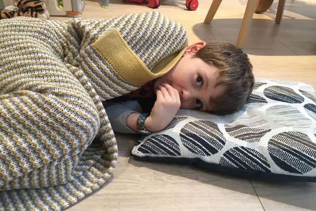 Five-year-old William Leggat is sleeping on the floor for a week with his mum Charlene Simms to raise funds for Stand By Me. Pictured: William on the floor ready to sleep