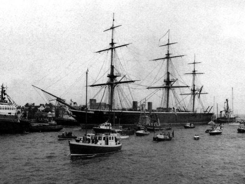 HMS Warrior entering Portsmouth Harbour in June 1987
