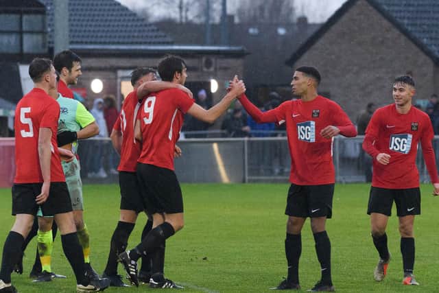 Fareham Town celebrate a goal in the FA Vase first-round triumph against Roman Glass St George. Picture: Keith Woodland