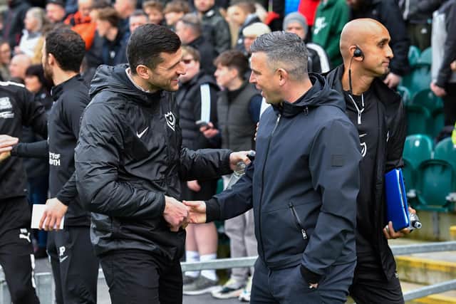 Pompey head coach John Mousinho with Plymouth boss Steven Schumacher after of the recent game at Home Park
