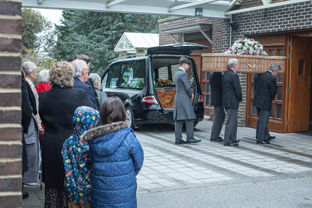 Funeral of Eunice Forehead on Monday 30th October 2023. Pictured: Hearse carrying the body of Eunice Forehead going into Portchester Crematorium, Portchester. Picture: Habibur Rahman.