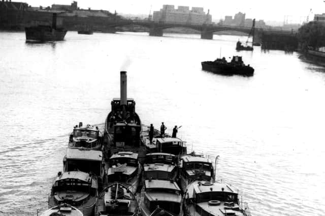 Many tiny vessels took part in the epic evacuation of the BEF and French troops from Dunkirk.  A flotilla of small craft sails down the Thames on the way to France on June 1, 1940. Picture: Keystone/Hulton Archive/Getty Images