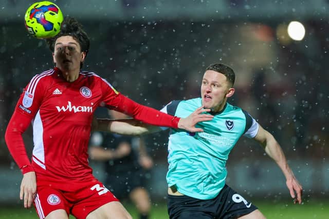 Colby Bishop battles with Accrington's Doug Tharme in Pompey's Crown Ground encounter. Picture: Simon Davies/ProSportsImages