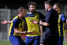 Moneyfields defender Jack Lee, left, about to be sin binned. Picture by Martyn White