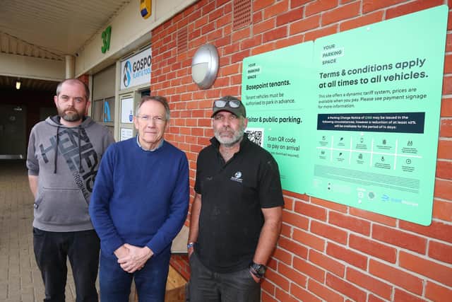 Businesses set to leave Gosport Basepoint centre in droves over 'heavy handed' and 'naughty' parking charges. (l-r) Ian Clegg from iDeviceFixer, Steve Rogers from Raico and Andy Bottriell from Gosport Plant and Tool Hire. Picture: Stuart Martin (220421-7042)