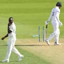 Kemar Roach has just dismissed Hampshire skipper James Vince. Photo by Clive Rose/Getty Images