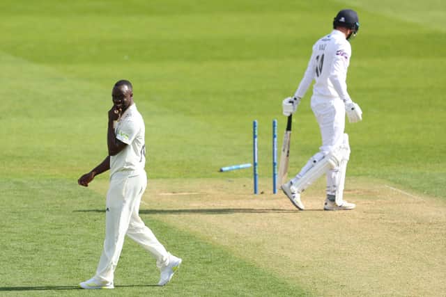 Kemar Roach has just dismissed Hampshire skipper James Vince. Photo by Clive Rose/Getty Images