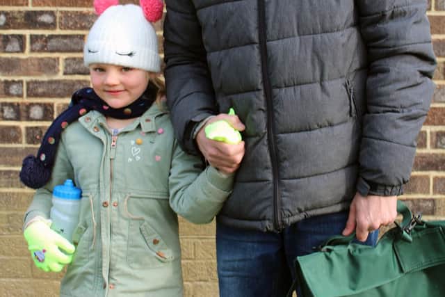 Paul Frampton with daughter Poppy on the first day back at Mengham Infants. Picture: Emily Turner