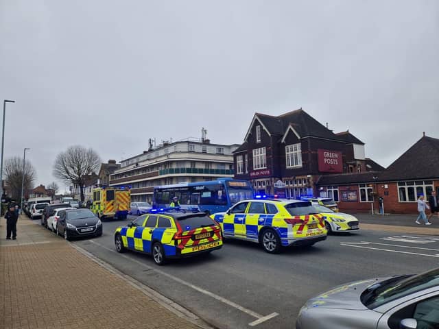 Emergency services scrambled to the scene of a crash outside Green Posts in London Road, North End, this afternoon.