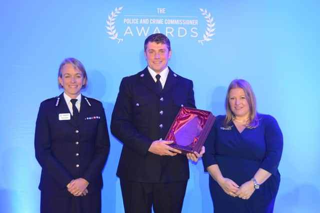 From left, chief constable Olivia Pinkney, PC Ollie Lindridge and police and crime commissioner Donna Jones. Picture: David George