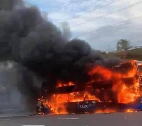 The double decker bus ablaze on the M27 hard shoulder.