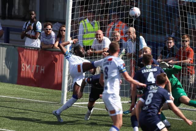 Mo Faal scores his first goal against Dover. Picture by Dave Haines