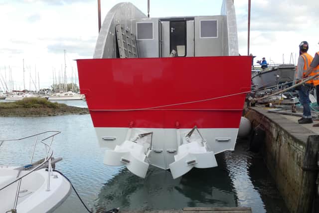 Team Britannias round the world superboat Excalibur has hit the water for the first time at a boatyard at Hayling Island.
Picture: Team Britannia