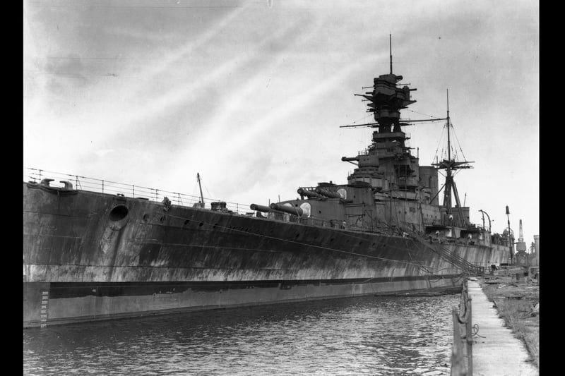 1930: HMS Hood during a dockyard refit at Portsmouth. (Photo by Central Press/Getty Images)
