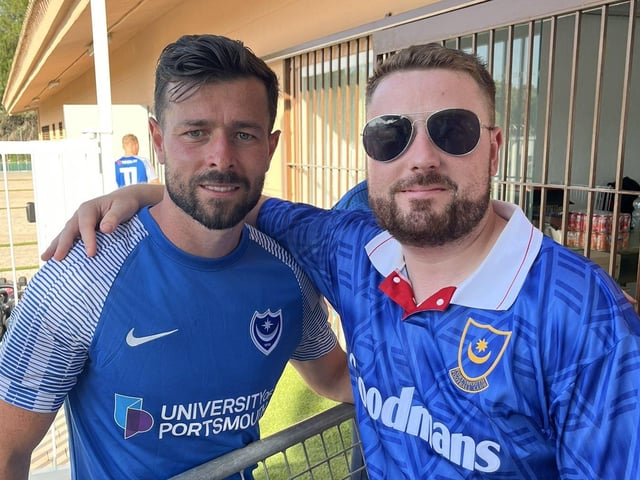 Pompey fans @pfcharry92 with Blues defender Joe Rafferty   Picture: @pfcharry92