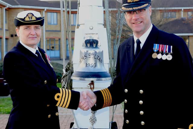 Captain Jo Deakin OBE hands over the reins at HMS Sultan to the new Commanding Officer, Captain Mark Hamilton.
