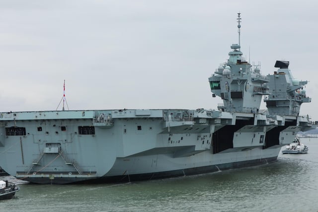 HMS Prince of Wales returns to HMNB Portsmouth. Picture: Chris Moorhouse (260324-14)