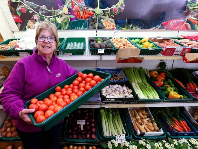 Co-owner of the business, Sue Ings, shows there is is no shortage of tomatoes at Ron White greencrocers, Marmion Road, Southsea. Picture: Chris Moorhouse (jpns 240223-25)