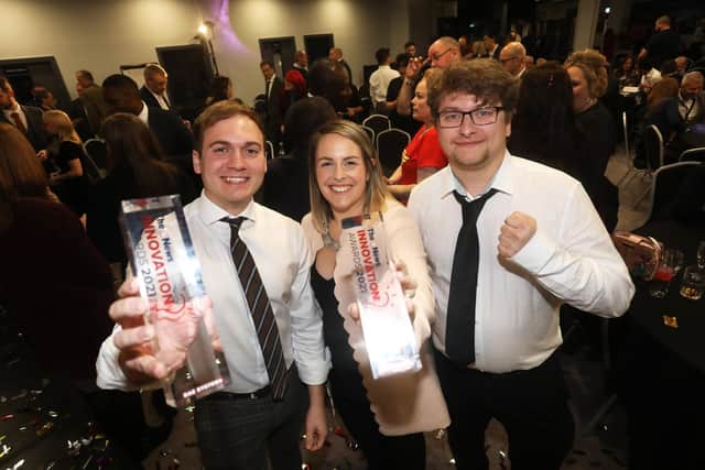 The News Innovation awards 2021 in association with BAE Systems, taking place at the Village Hotel in Lakeside, Portsmouth, Hampshire.
Pictured is Innovative Business of the Year
Sponsored by GetSet Solent
Winner: Business Thinking Limited (trading as Datavault)
(L-R) Chris Fisher, Sam Cole, Alex Higgs.
Picture: Sam Stephenson
4th November 2021