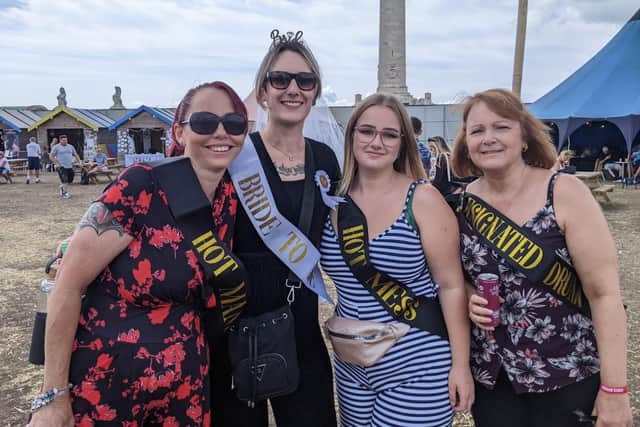 Wedding celebrations for Deena Bardsley (in the white sash), who has travelled down for ten hours on a train from Edinburgh as her stepmum Gemma Bardsley (far left) has thrown her a hen party. Next to Deena is her cousin Katie Wilson and on the far right is Tracy Carter, a family friend. Dee is getting married on September 24 in an old biscuit factory in Edinburgh. Picture: Emily Jessica Turner.