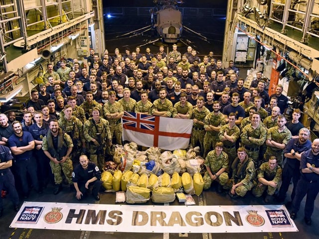 Drugs haul. HMS Dragon conducted an anti-narcotics operation in the Indian Ocean on 8th December 2018  .