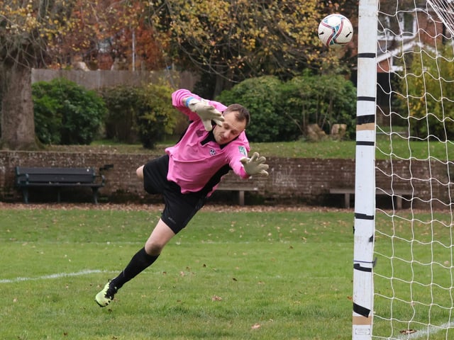 The AFC Prospect Farm Rangers keeper is beaten - but this Bedhampton Village shot struck the woodwork. Picture by Kevin Shipp