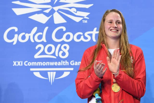 England's Sarah Vasey with her gold medal after the 50m breaststroke final during the 2018 Gold Coast Commonwealth Game. Picture: Anthony Wallace/AFP via Getty Images)