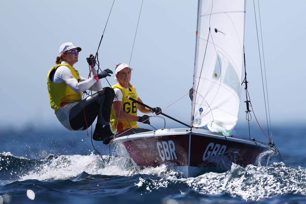 Eilidh McIntyre, left, and Hannah Mills on the Enoshima Bay water this morning. Picture: Mason/Getty Images