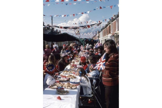 Food is served at a 1977 street party