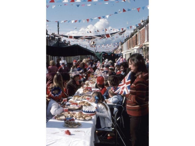 Food is served at a 1977 street party