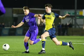 Moneyfields goalscorer Chad Cornwell, right, v AFC Stoneham. Picture by Nathan Lipsham