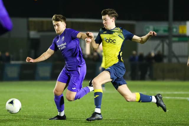 Moneyfields goalscorer Chad Cornwell, right, v AFC Stoneham. Picture by Nathan Lipsham