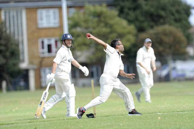 Waterlooville 2nds' Joseph Vibhu bowling against Portsmouth Community at Cockleshell Gardens. Picture Ian Hargreaves