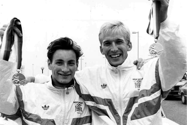 Flashback - David Faulkner, right, with Havant colleague Russell Garcia after GB had won Olympic men's hockey gold in Seoul, 1988.