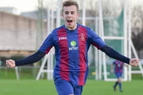James Franklyn celebrates his goal in US Portsmouth's FA Vase victory over Brockenhurst in December. Pic: Martyn White.