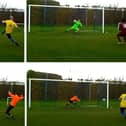Four of the successful penalties during Meon Milton's penalty shoot-out win against Burrfields. From a video taken by Robert Pearson