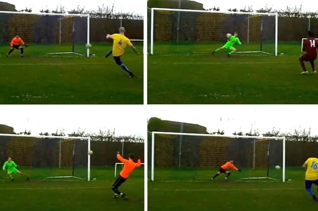 Four of the successful penalties during Meon Milton's penalty shoot-out win against Burrfields. From a video taken by Robert Pearson