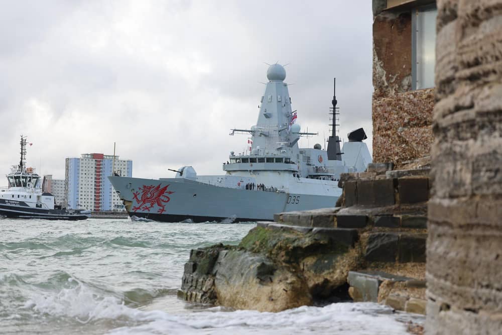 HMS Dragon is unlikely to be deployed to the Strait of Hormuz, defence experts have said. Pictured is the Type 45 destroyer leaving Portsmouth Portsmouth Harbour today on its way to the eastern Mediterranean.