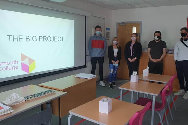 Portsmouth College students involved in the project to turn a classroom into a courtroom are (left to right) Harry Webb, Ellie Dunn, Lilly Cownie, Clayton-Lee Wallace and Maks Walter. 
Pic: Portsmouth College