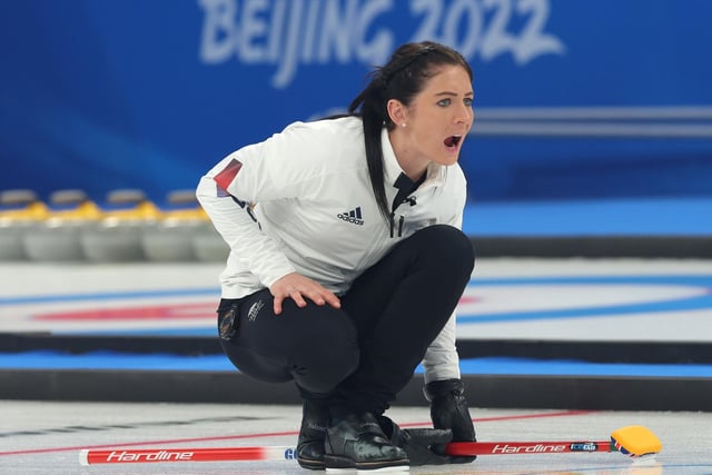 Eve Muirhead reacts after delivering a stone