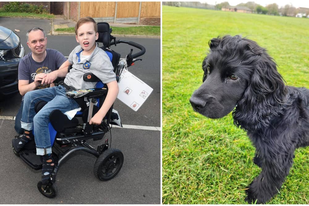 Preston and his dad Richard Wallis and right, Bailey the dog