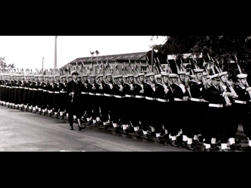 The Royal Guard for Princess Margaret when she visited HMS Collingwood. Petty Officer leading the guard is Fred Lettice.