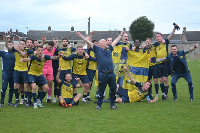 Moneyfields celebrate winning the Wessex League title with a 4-2 success at Laverstock & Ford. Picture by Charlotte Jeffes