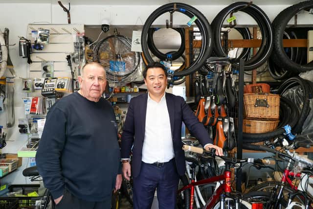 Alan Mak MP with Les Holloway at Hayling Cycles