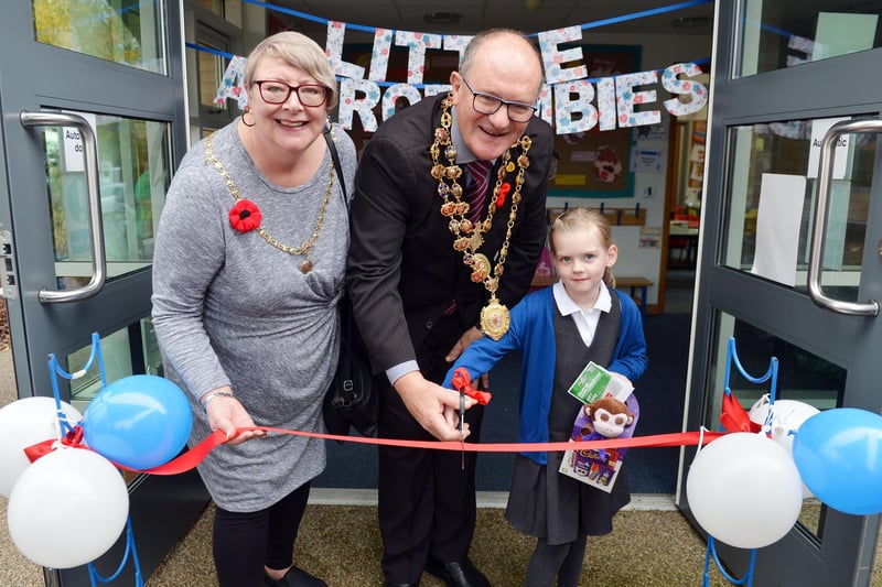 The Mayor and Mayoress off Chesterfield Cllr Stuart Brittain and Anne Brittain,  official open a new playgroup launched at Abercrombie primary school with help from Elizabeth Eyre.