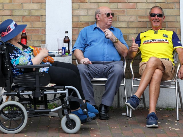 From left, Carol and Brian Croucher, and Steve Reed who was pleased to hear that a News photographer was going to be at Borough's game that afternoon. Stoke Road Festival, GosportPicture: Chris Moorhouse (jpns 150923-38)
